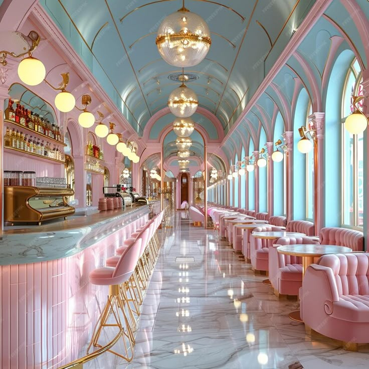 the interior of a pink and gold restaurant