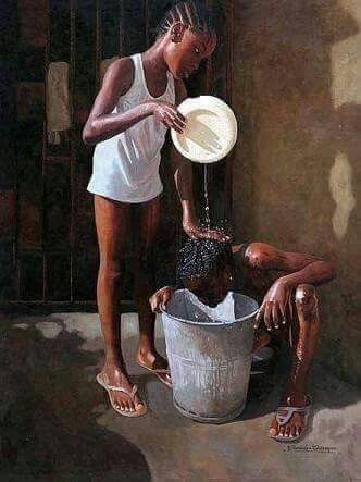 a painting of a woman washing her hands in a bucket while another person sits on the ground