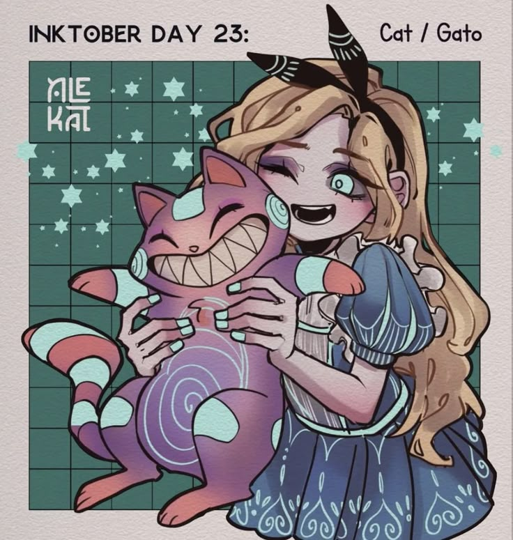 a drawing of a girl hugging a cat