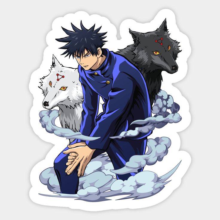 an anime character sitting on clouds with two white wolfs behind him and one is staring at the camera