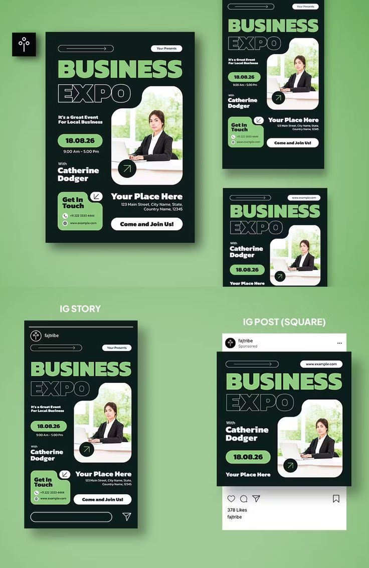 four business flyers with green and black colors