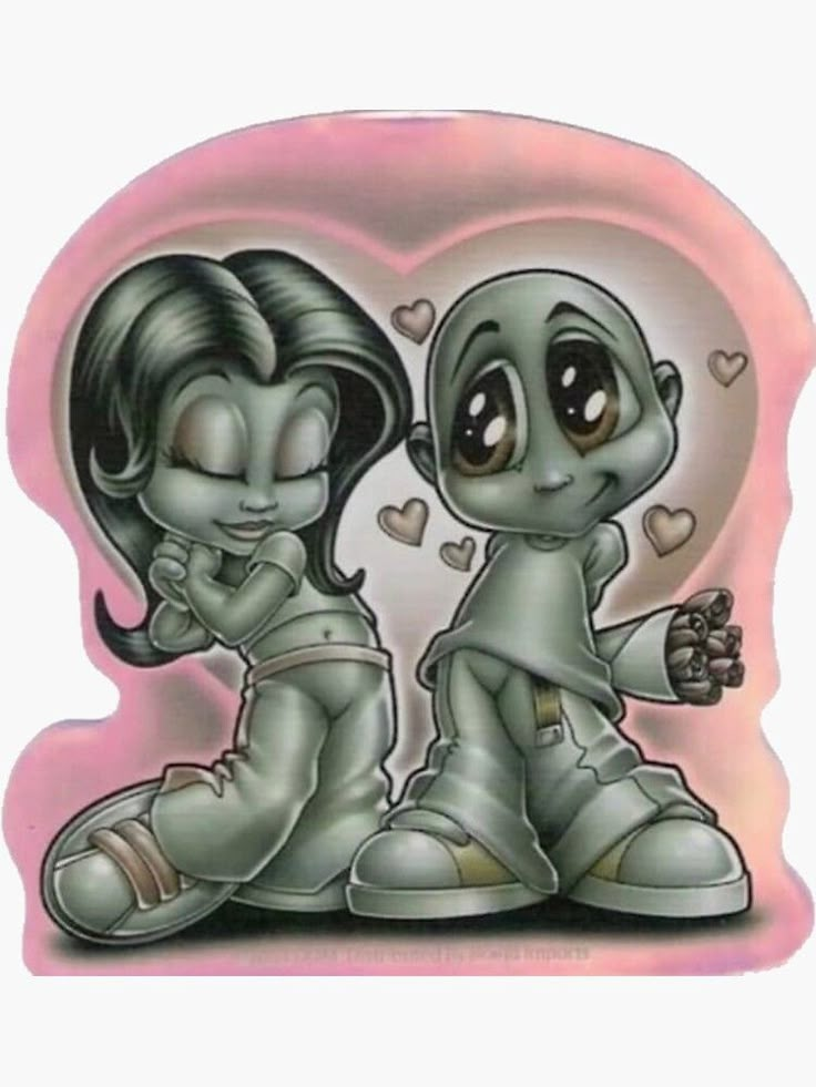 a couple of cartoon characters sitting next to each other on top of a pink heart