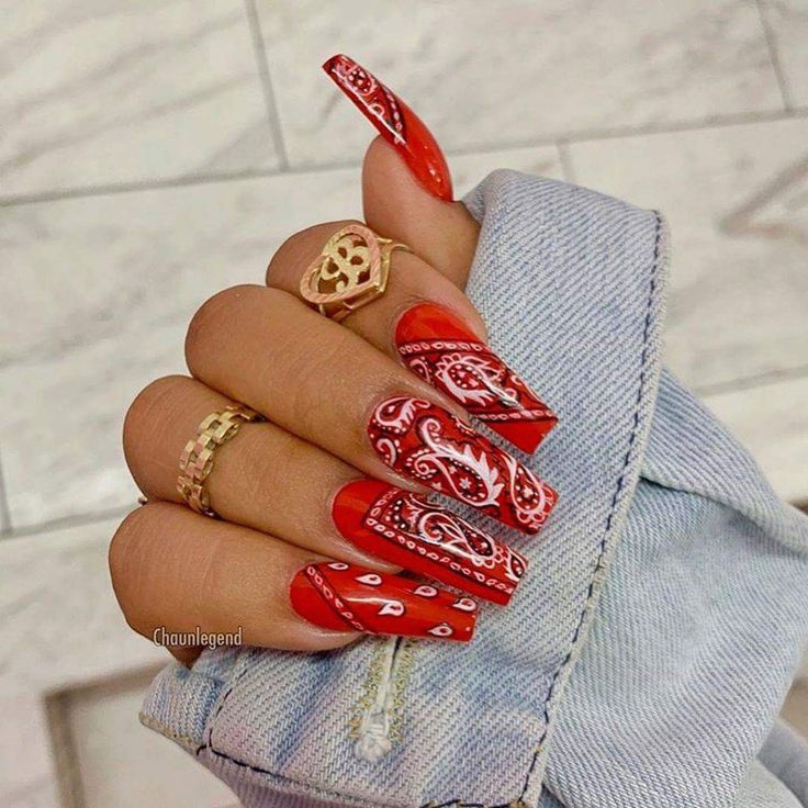 Bandana Nails, Red Acrylic Nails, Cute Acrylic Nail Designs, Her Nails, Blue Nail, Coffin Nails Long, Nail Swag, Fire Nails, Coffin Nails Designs