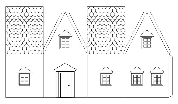 a line drawing of a house with three chimneys and two windows on each side, facing the same direction