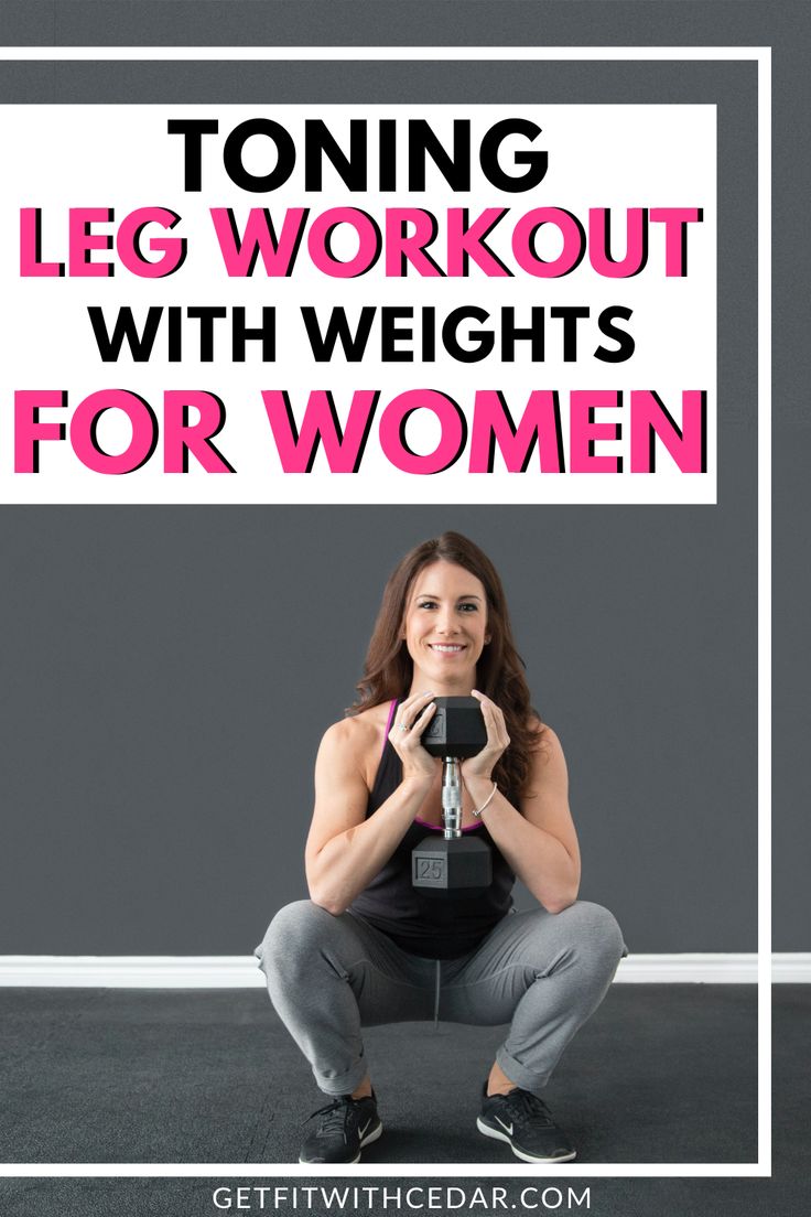 a woman squatting on the floor with her camera in front of her and text overlay that reads, toning leg workout with weights for women