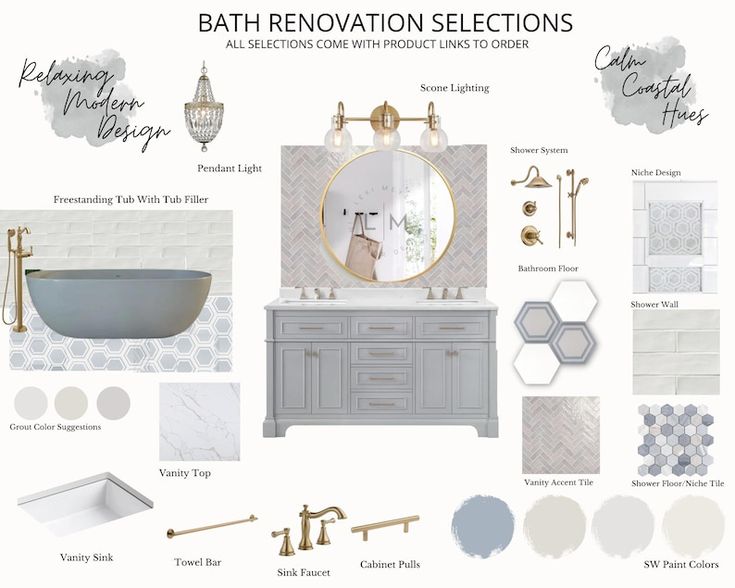 bathroom renovation selections in shades of gray and white