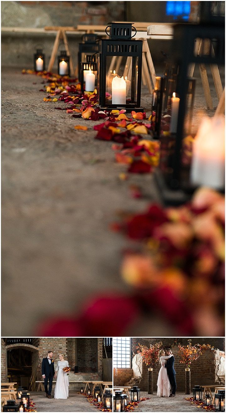 wedding ceremony with candles and flowers on the ground