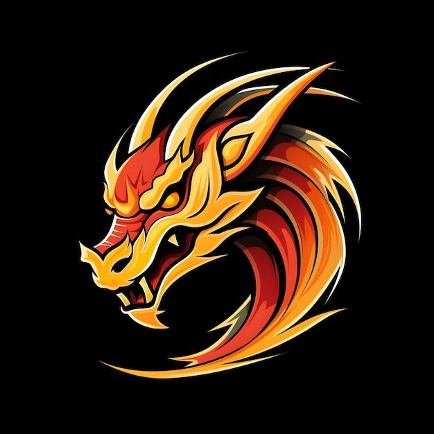 an orange and yellow dragon head on a black background