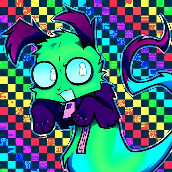 an image of a green monster with purple hair and big eyes on checkered background