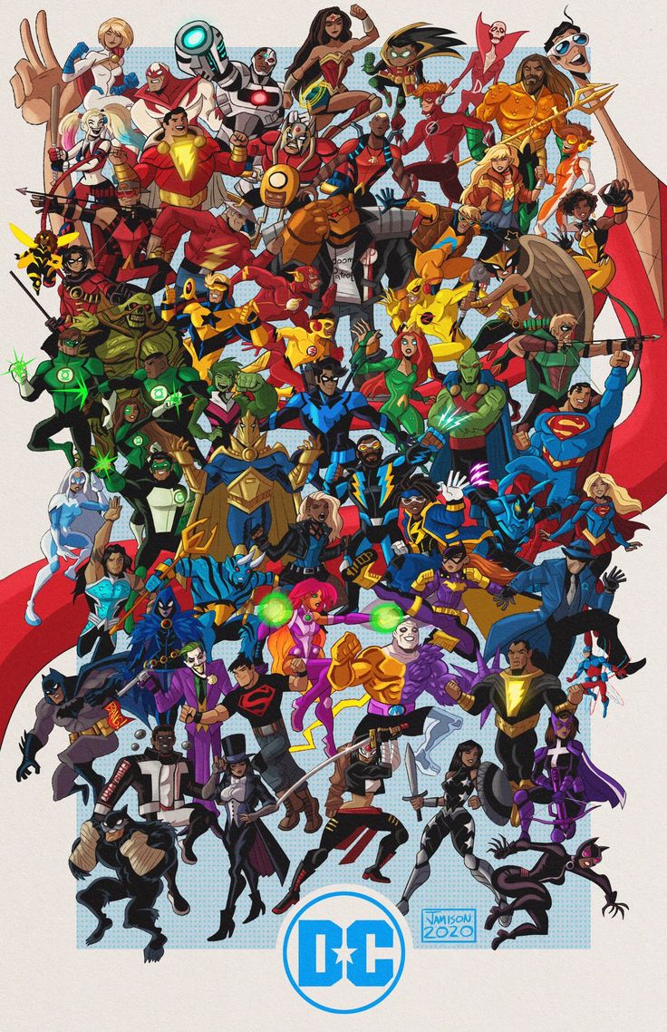 an advertisement for dc comics featuring all the characters