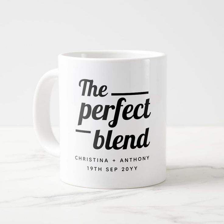 a white coffee mug with the perfect blend logo on it