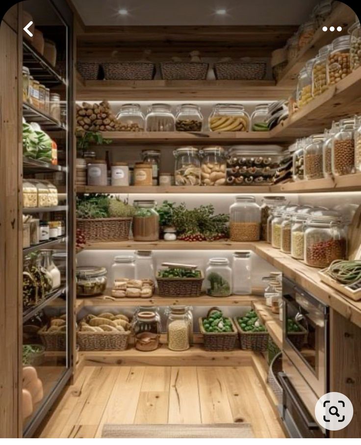 an open pantry filled with lots of food and containers on the shelves next to each other