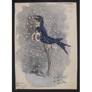 an old fashion illustration of a woman in winter clothing with a bird on her arm