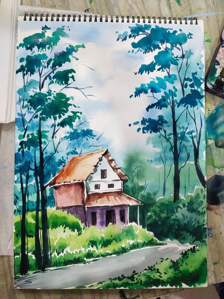 a painting of a house in the woods with trees around it and watercolors on paper