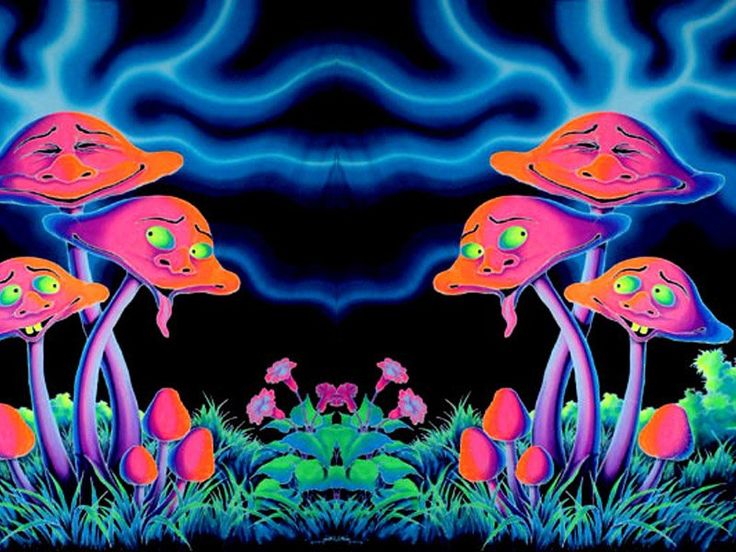 three pink mushrooms in the grass with blue and purple clouds behind them on a black background