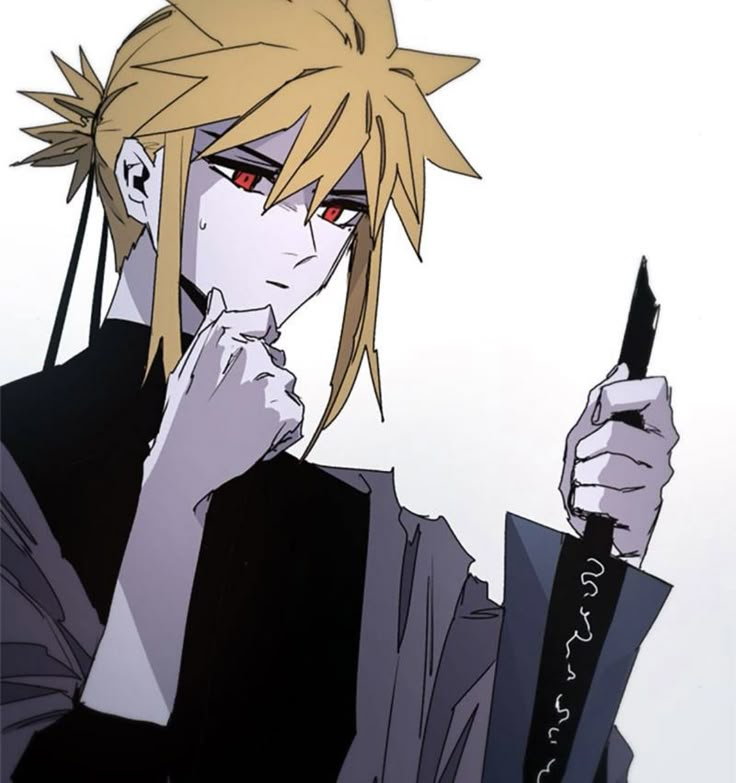 an anime character with blonde hair holding a knife