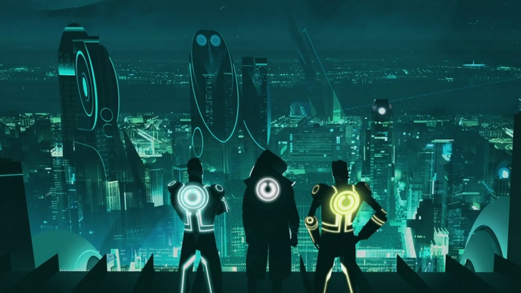 three people standing in front of a cityscape at night with glowing lights on their bodies