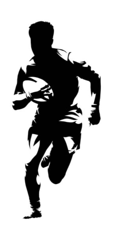 a black and white silhouette of a soccer player running with the ball in his hand