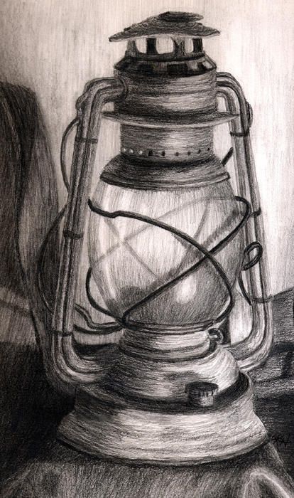 a drawing of a lantern on a table