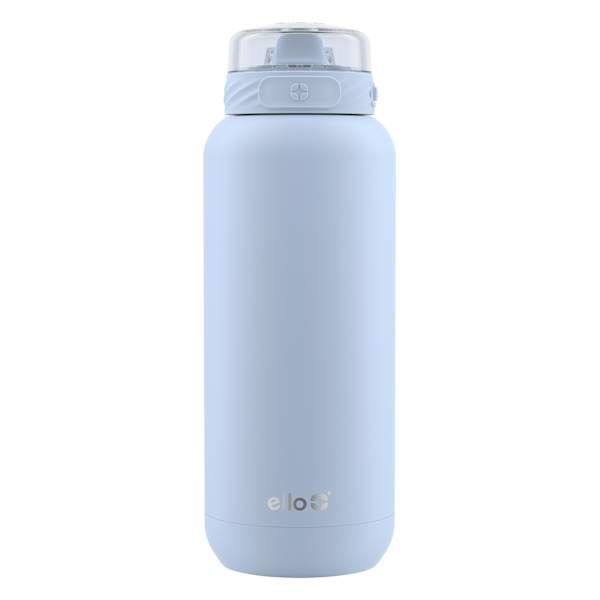 thermos stainless steel water bottle in light blue is shown on a white background