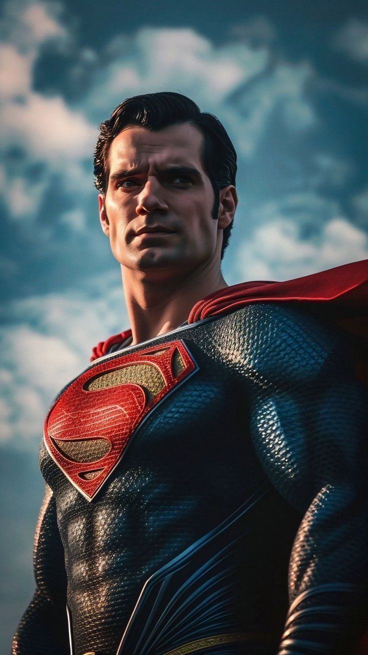 a man in a superman suit standing under a cloudy sky