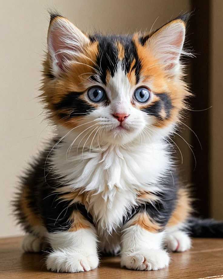 a small kitten sitting on top of a wooden table next to a wall and looking at the camera