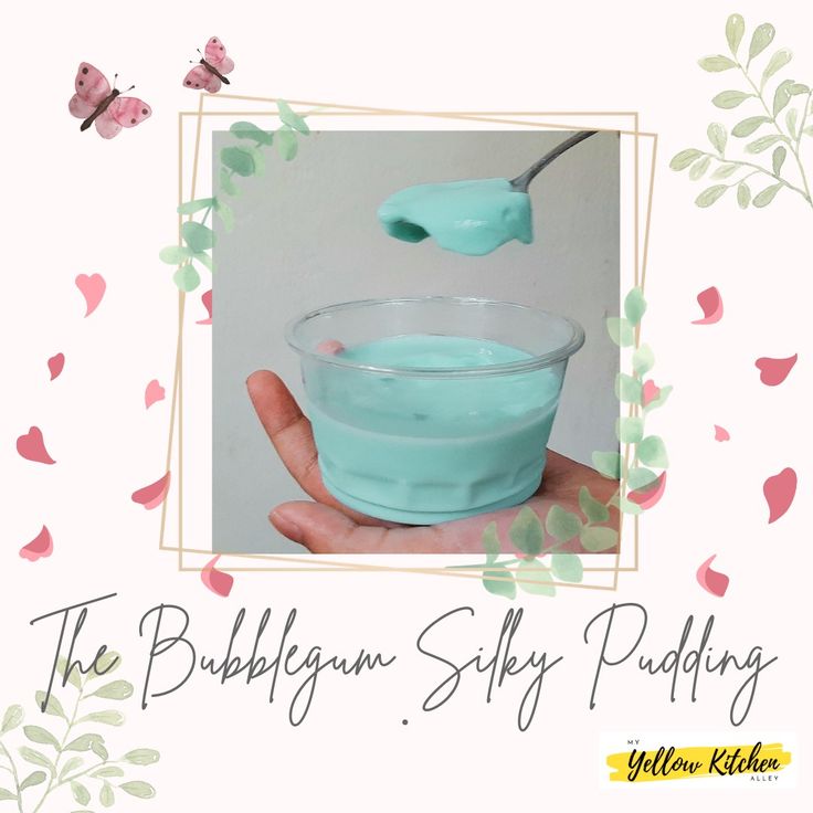 a hand holding a blue bowl with a spoon in it and the words, the bubblegum silly pudding