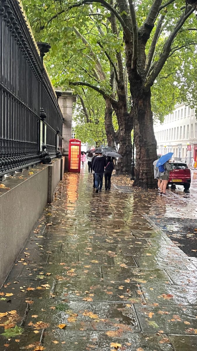 two people walking down the street in the rain with umbrellas over their heads,