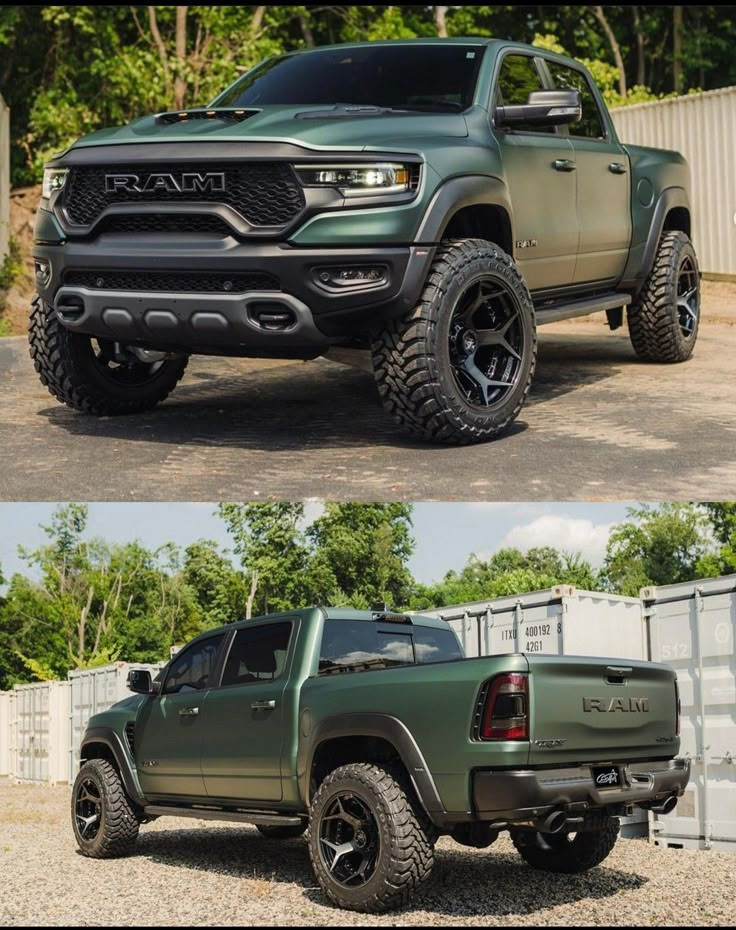 two pictures side by side of a green truck and the same one with black wheels