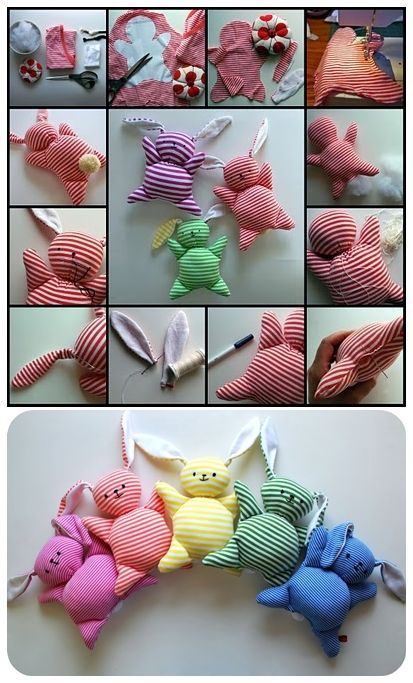 many different pictures of stuffed animals made out of cloths and pinstripe material