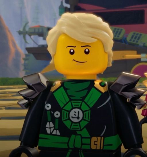 the lego movie character is standing in front of an image of two other characters behind him