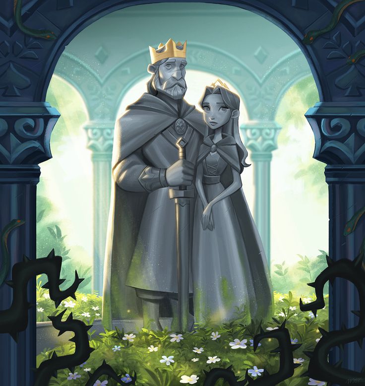 an image of a man and woman dressed as king and queen standing in the garden