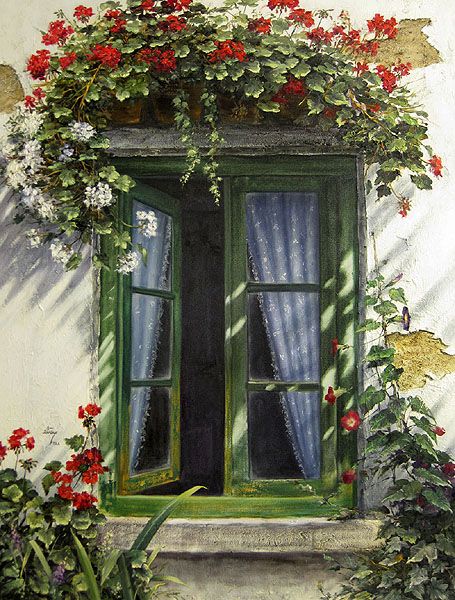 a painting of an open window with red flowers on the outside and green shutters