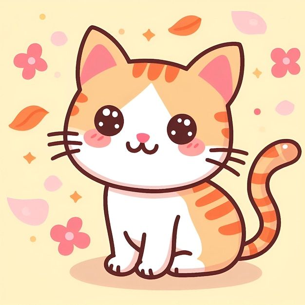 a cartoon cat sitting on the ground with flowers around it's neck and eyes