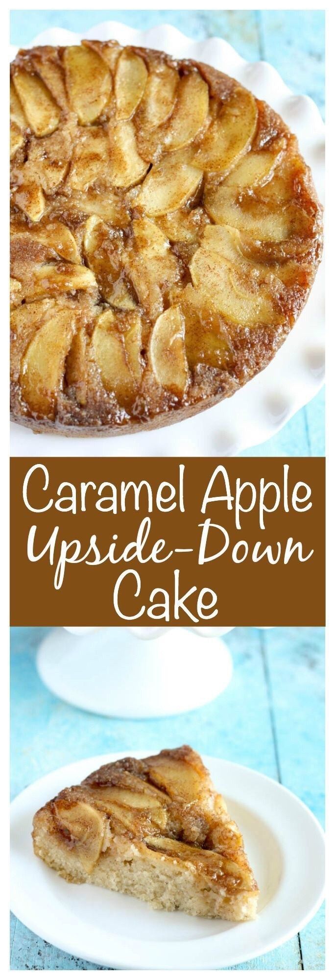 caramel apple upside down cake on a white plate with text overlay that reads caramel apple upside down cake