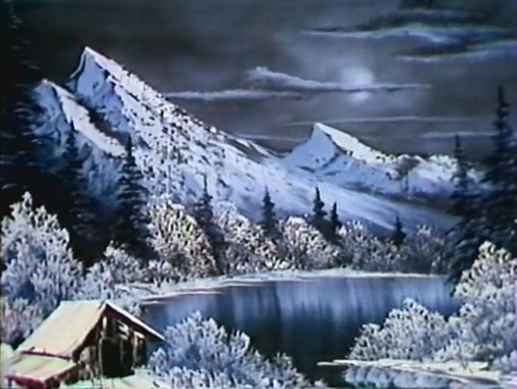 a painting of snow covered mountains and trees with a lake in the foreground, and a cabin on the far side