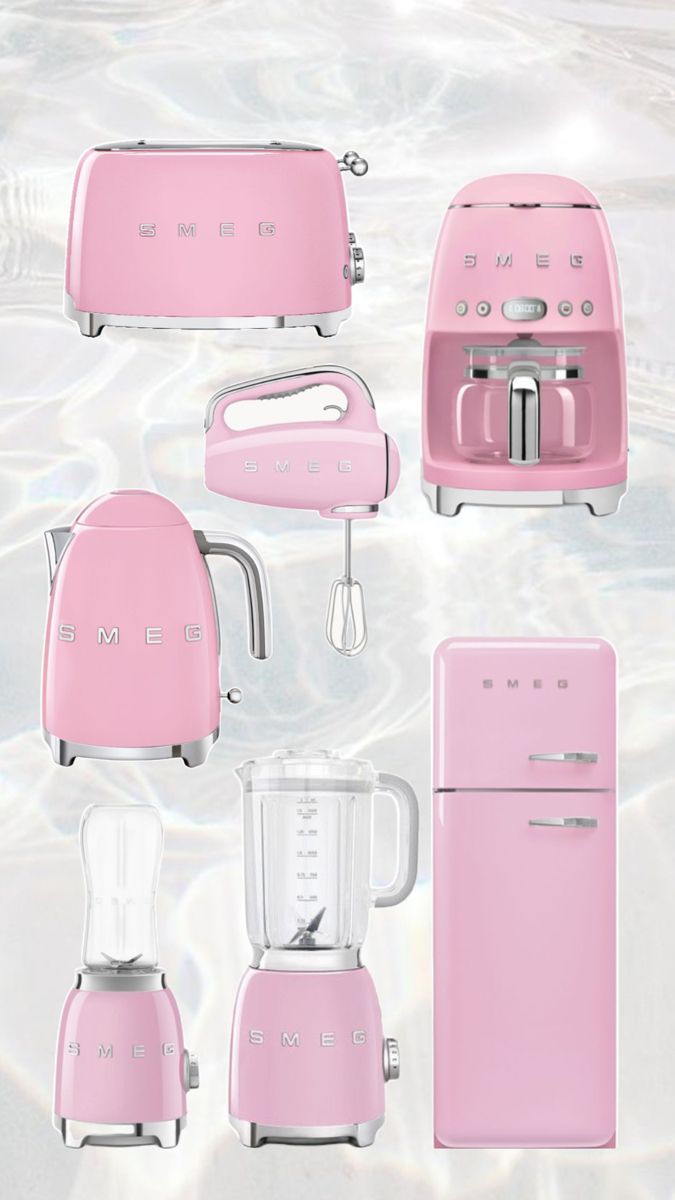 pink kitchen appliances are shown in the water