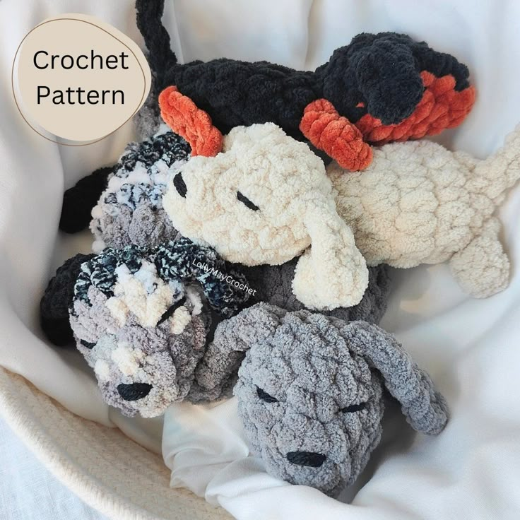 crochet stuffed animals in a basket with the words crochet pattern above them