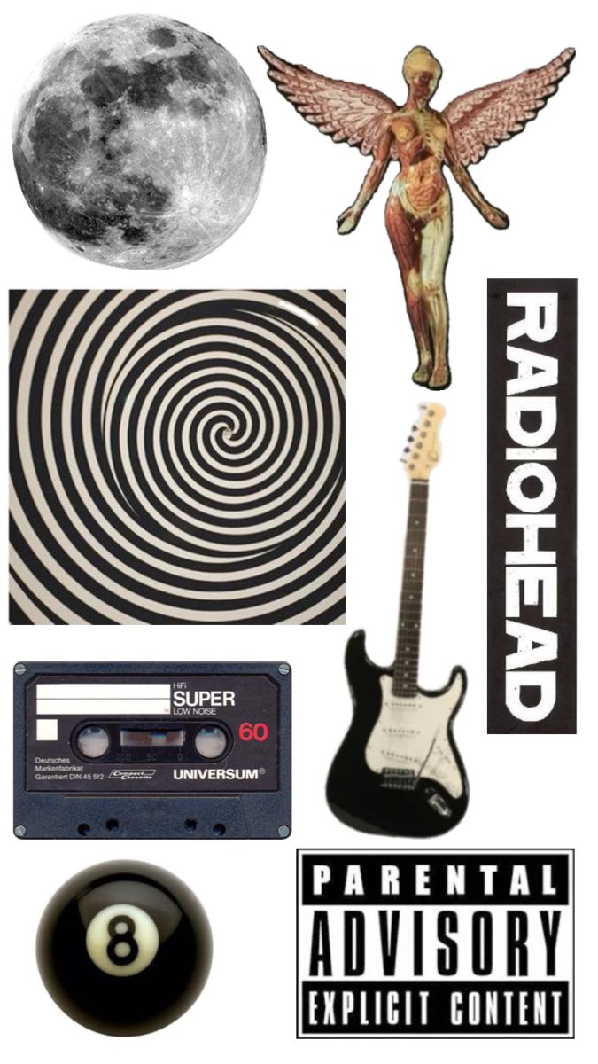 an assortment of stickers including a guitar, angel and spiral vortex with text reading parental advisory explicit content