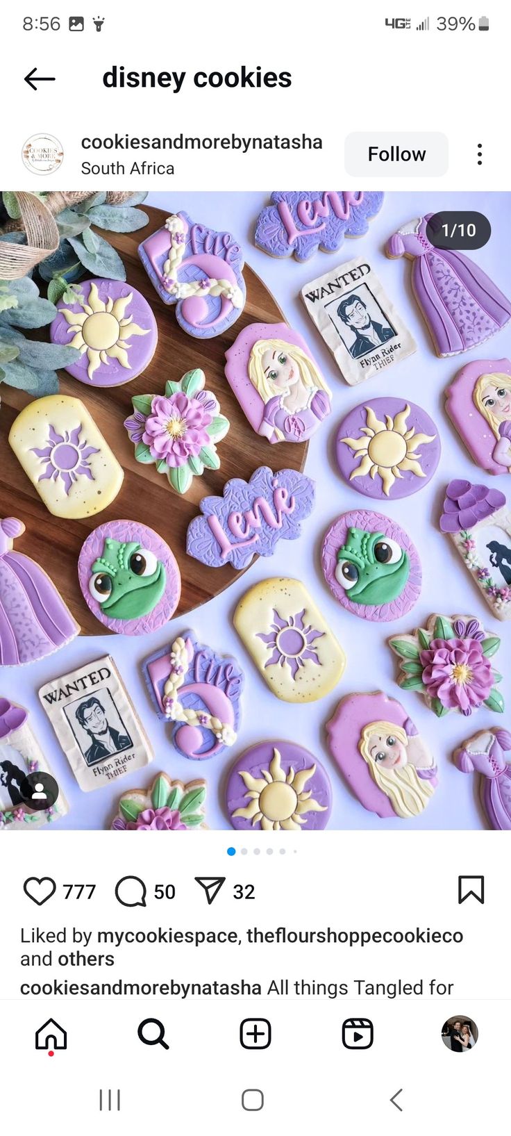 the cookies are decorated with purple and green icing on top of each other in different designs