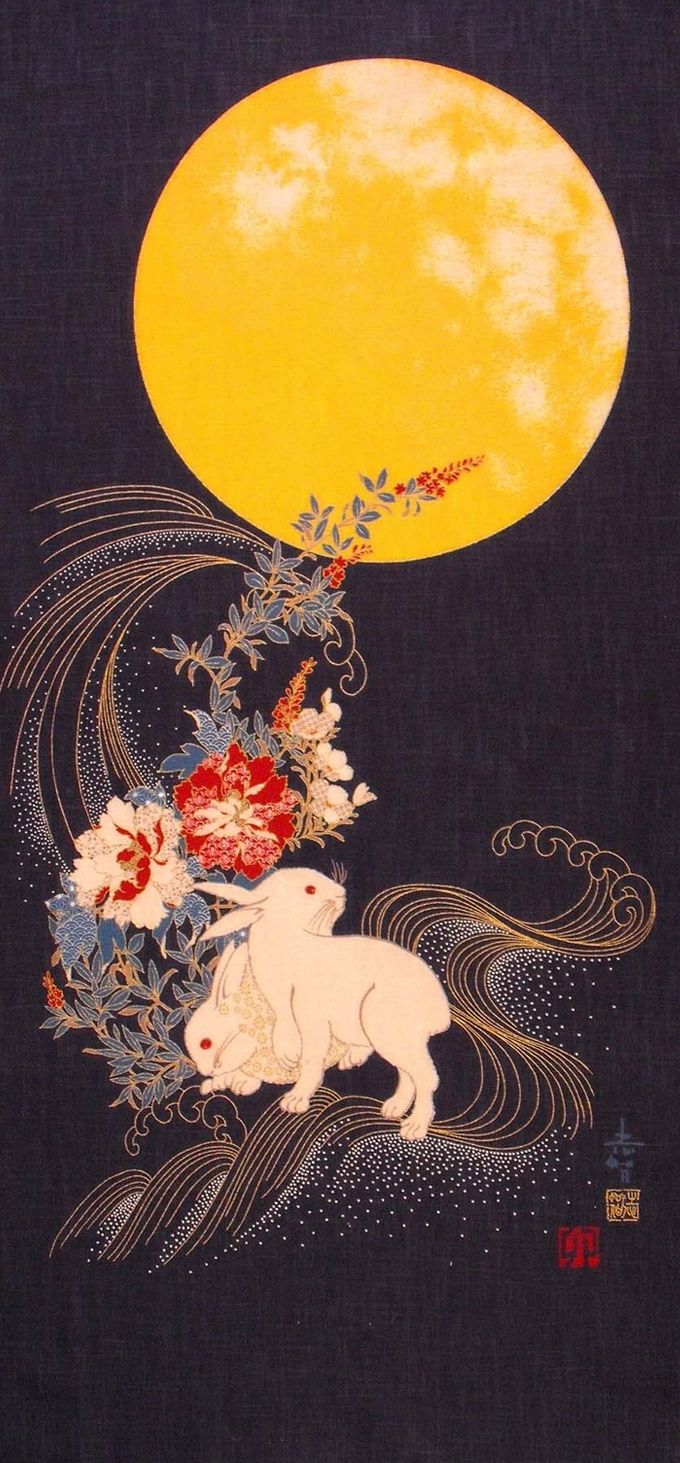 the painting shows an animal with flowers on it's back and a full moon in the background