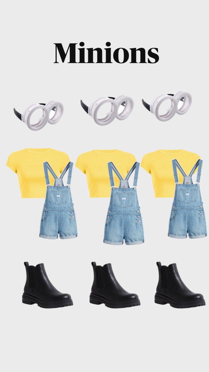 four pairs of overalls and one pair of black rubber boots are shown in front of the