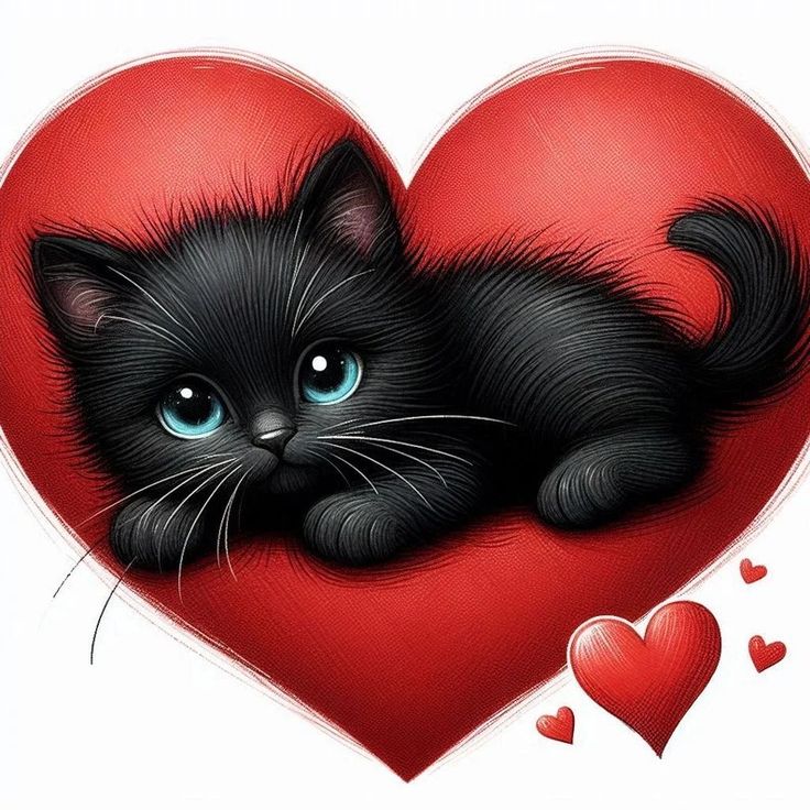 a black kitten laying on top of a red heart