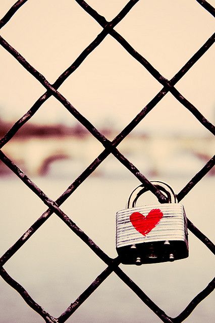 a padlock with a heart on it is attached to a chain - link fence