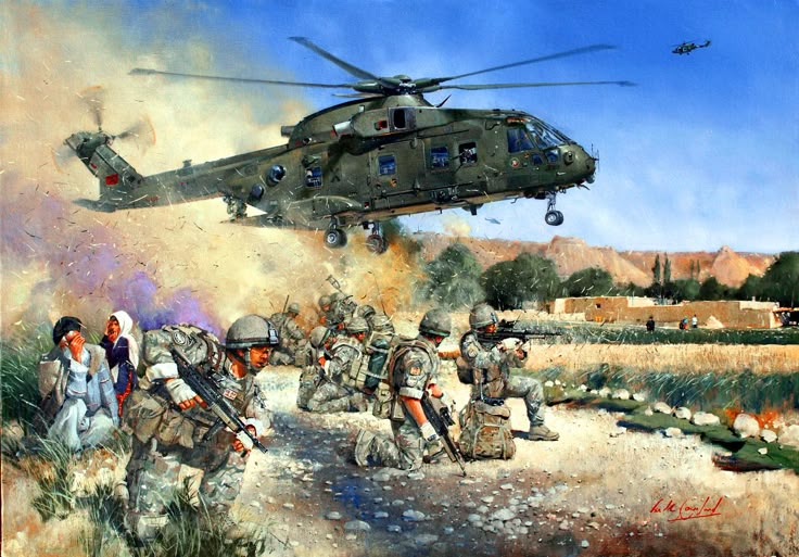 a painting of soldiers and a helicopter in the air over a group of people on a dirt road