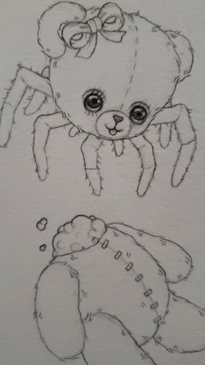 two drawings of a teddy bear and a spider