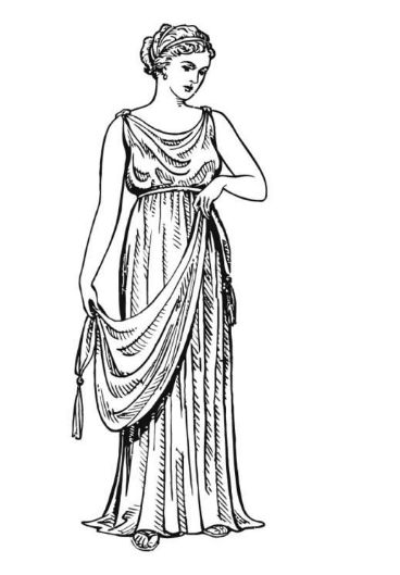 an old fashion woman in a dress with a sash on her head and shoulders, vintage line drawing or engraving illustration