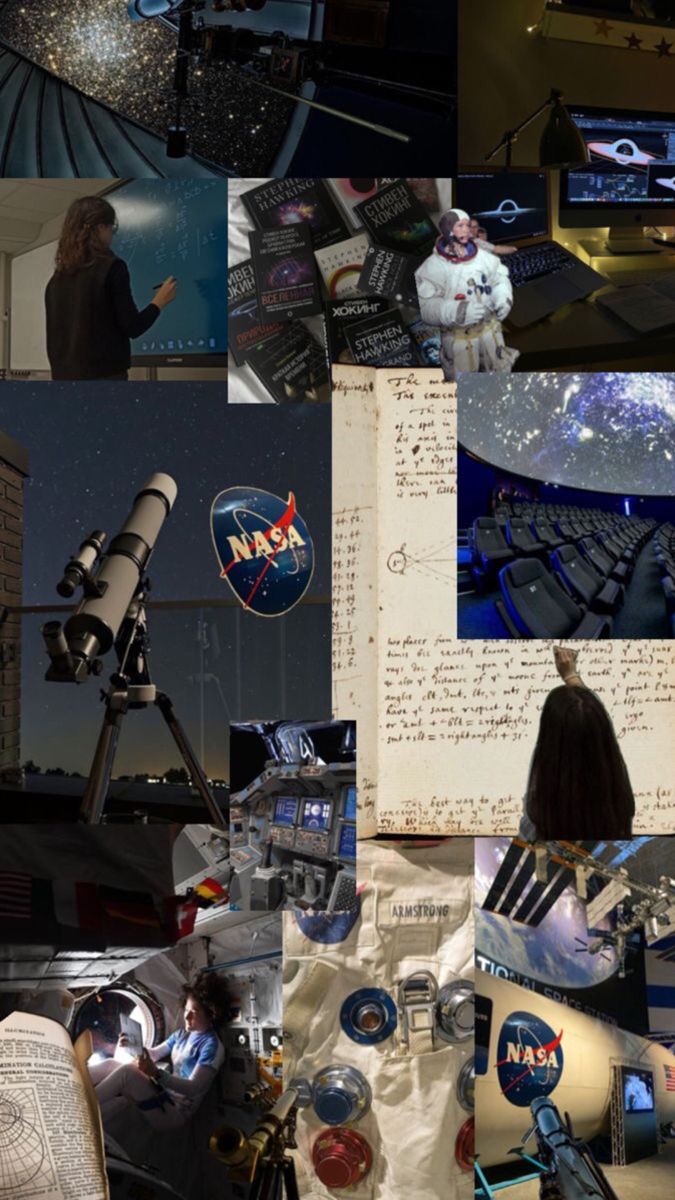 a collage of images with people looking at objects in the sky and writing on paper