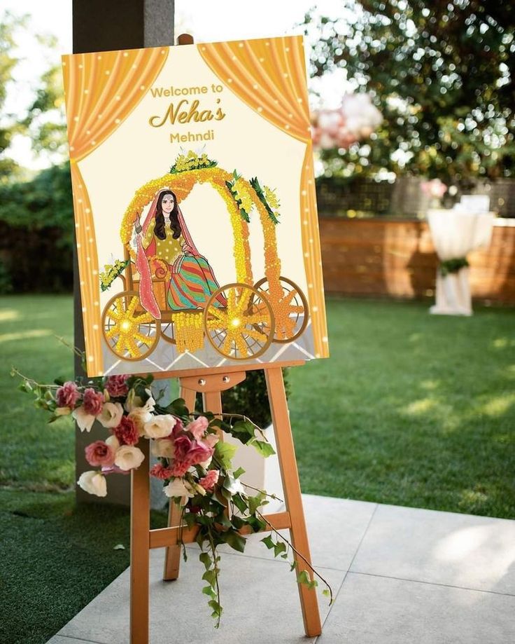 Haldi Decore Idea, Mehendi Board Decor, Mehndi And Haldi Decor, Desi Wedding Decor Mehndi Stage, Mehndi Board Ideas, Mehndi Ideas Decor, Haldi Event Ideas, Mehndi Sign Board, Mehendi Board Ideas