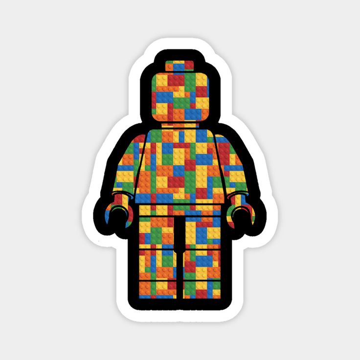 a lego man made out of multicolored blocks on a white background with black outline